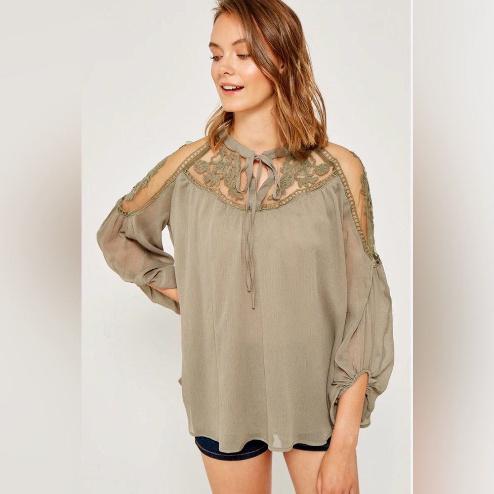 Elegant Sheer Tie Front Olive Green Women's Top